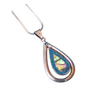 Abalone Turquoise Double Teardrop Necklace Mexico 925 Silver Vintage